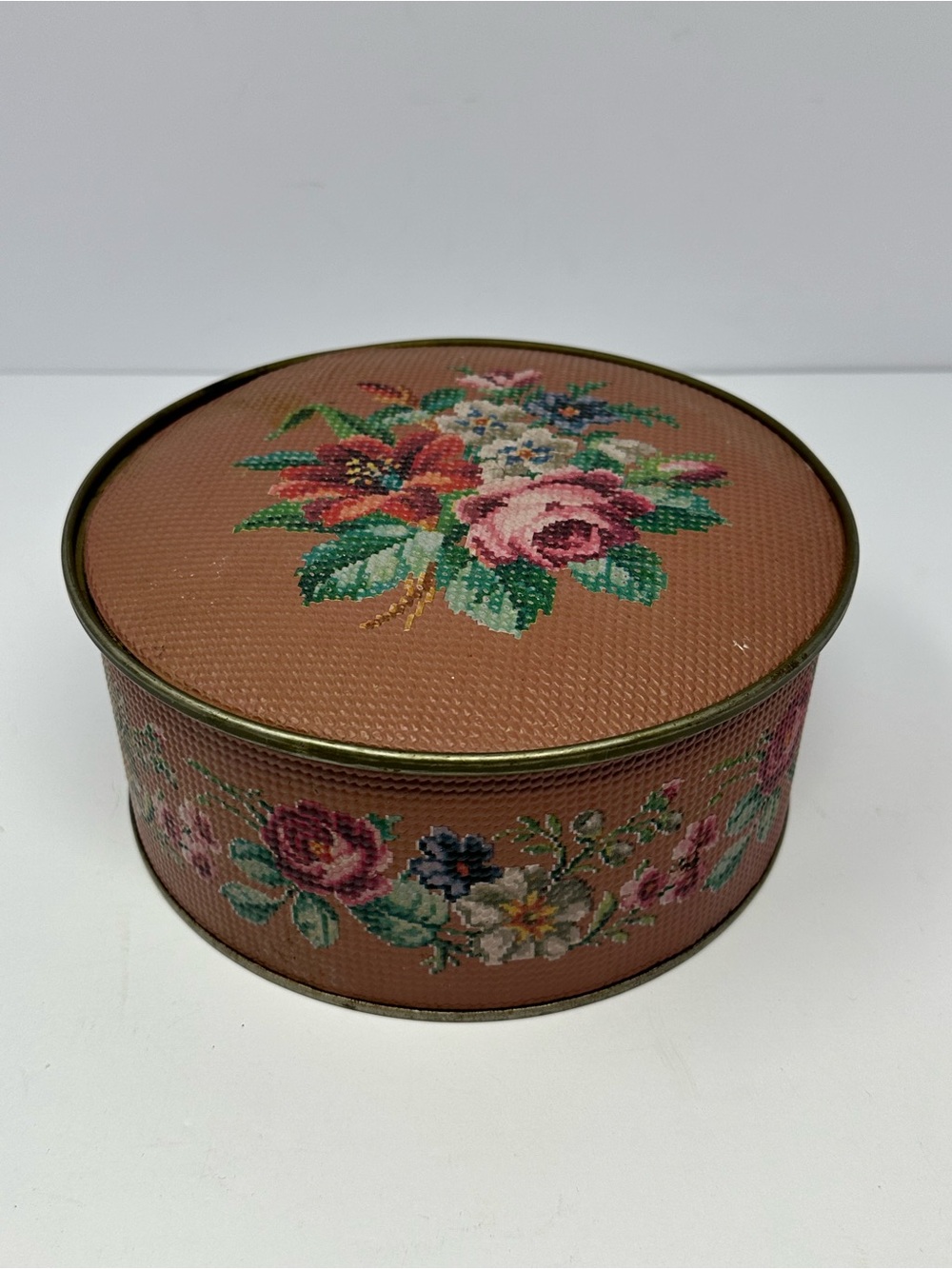 1940's Guildcraft New York 7.75" Floral Embroidery Round Tin Lidded Container U8
